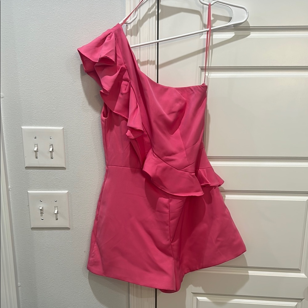 Pink One-Shoulder Ruffle Romper